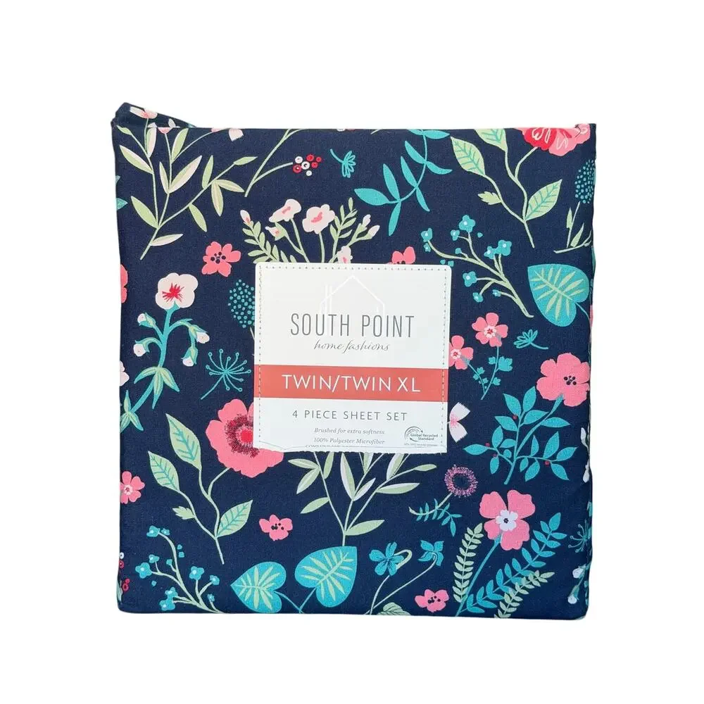South Point Home Fashions TWIN / TWIN XL  4-PIECE Sheet Set, Navy Darcy Floral